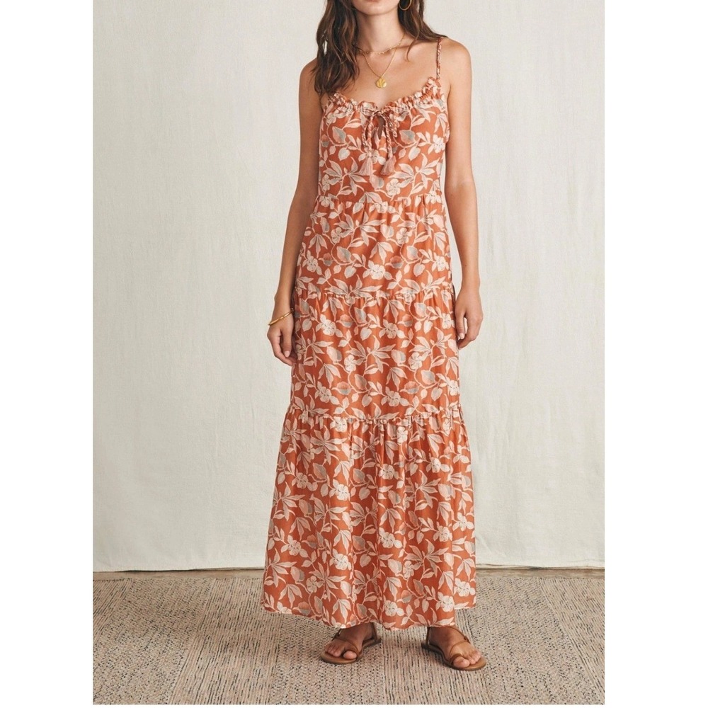 Faherty Terracotta Floral Cotton Silk Tiered Maxi Dress XL Beachy Coastal Boho